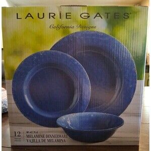 Melamine Dish Set Laurie Gates California Designs 12 Blue Mauna Dinnerware New
